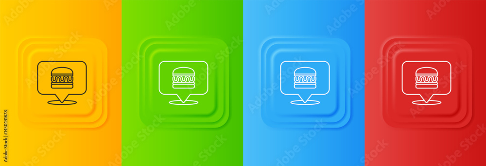 Aufkleber white online ordering and burger delivery icon isolated on colorful background. set icons in square 