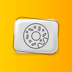 Black Donut with sweet glaze icon isolated on yellow background. Silver rectangle button. Vector