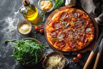 A mouthwatering pepperoni pizza, with fresh ingredients, ready to be enjoyed on a wooden board.