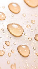 Close-up of numerous light-brown water droplets on a smooth, pale surface