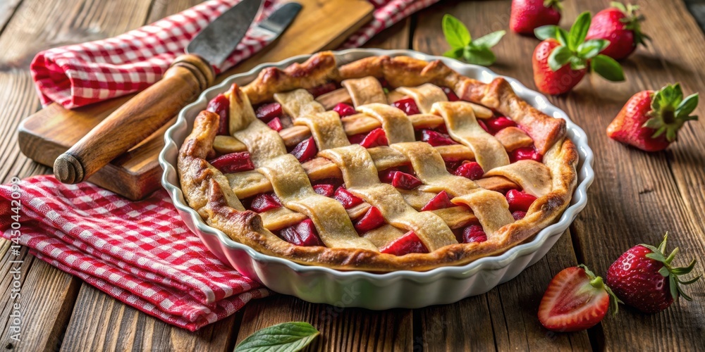 Poster a lattice-top pie filled with juicy red fruit, resting on a rustic wooden table, surrounded by fresh
