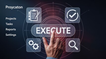 Digital interface featuring execute button and project management icons.