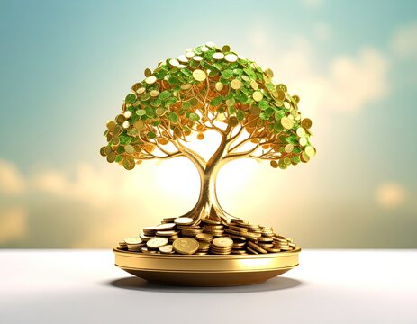 golden money tree with intricate branches and leaves made of shimmering gold coins. standing on a decorative golden plate filled with scattered coins.
