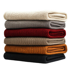 A stack of six knitted blankets in various colors, neatly folded and arranged. The colors include off-white, gray, burgundy, brown, orange, and black. Each blanket has a smooth texture and a delicate.