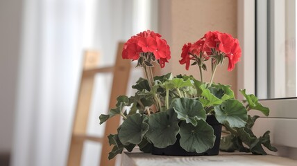 A vibrant geranium plant in full bloom, sitting by a window. The geranium flowers display a rich red color, creating a beautiful scene. A small wooden ladder is slightly visible.