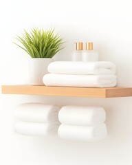 Light wood shelf with folded white towels, a small potted plant, and two pump bottles