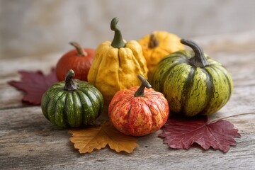 Colorful assorted gourds on rustic wooden surface with autumn leaves.