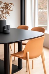 Modern dining set oval black table, light brown chairs, minimalist design