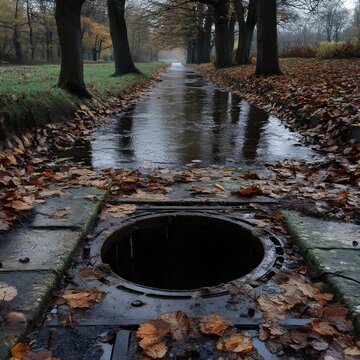 A wet autumn scene featuring a manhole in a flooded pathway with fallen leaves, surrounded by trees.