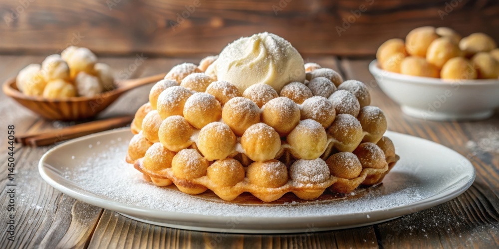 Poster a crispy waffle with bouncy balls, covered in powdered sugar and topped with a scoop of ice cream