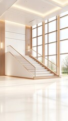 Modern minimalist staircase with wood and glass accents, set against large windows overlooking a green landscape