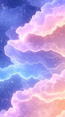 Pastel-colored cloudscape with sparkling dust, layered in soft hues of pink, blue, and purple against a dark background