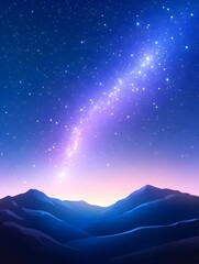 Serene night landscape featuring a vibrant, star-streaked sky above a silhouetted mountain range at dawn