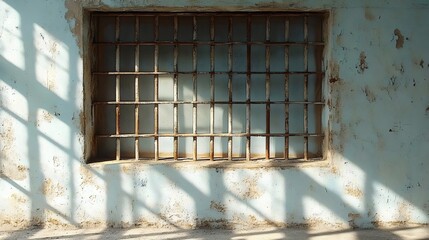 The decaying window with rusty bars shows a play of light and shadow on an aged wall.