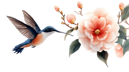 Obraz premium blue tropical bird watercolor on white background nature. Hummingbird flies, Camellia flower. Botanical art illustration