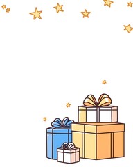 Stacked presents with pastel ribbons and scattered stars