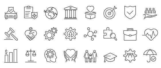 Business and social policy editable stroke outline icons set isolated on white background flat vector illustration.