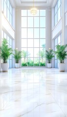 Sunlit, spacious lobby with marble floors, large windows showcasing lush greenery, and potted plants