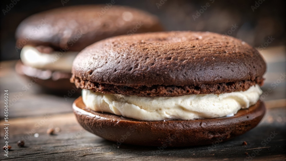 Poster a close-up shot of a chocolate cookie filled with whipped cream on a rustic wooden surface. the cook