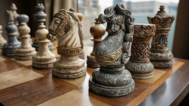 Vintage chess pieces, light and dark, ornate designs, on a wooden board, close-up view.  Ornate carved knight pieces stand out