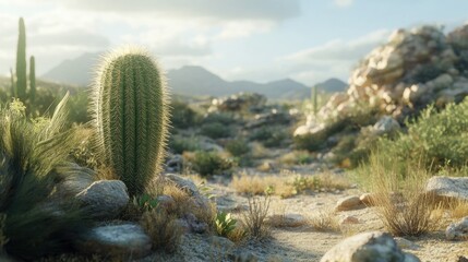 Desert landscape with prickly pear cactus and rocks.