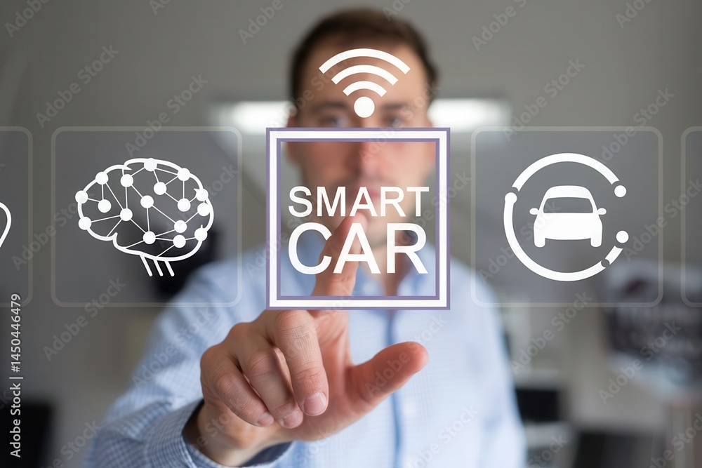 Poster close-up view of a person interacting with a smart car interface.