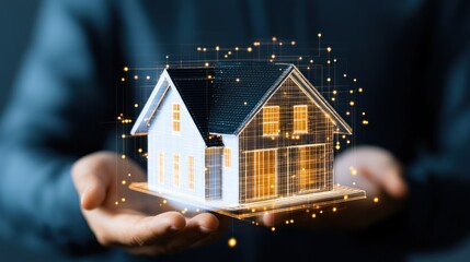 Digital house model in hands smart home technology concept