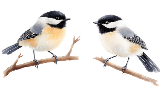 tit bird, beautiful watercolor songbirds black capped chickadees with fluffy feathers isolated on background, clipart