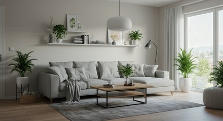 Fototapeta premium Living Room Interior Design with Grey Sofa and Wood Coffee Table