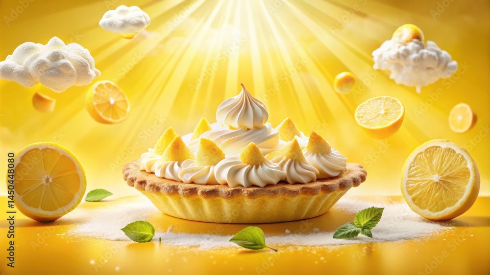 Poster lemon meringue tart with whimsical clouds and slices of citrus fruit on a yellow background