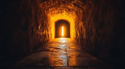 Stone tunnel, light at end, hope, dark background, escape