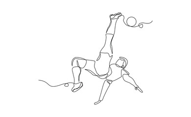 Continuous line drawing of football player kicking ball. Single one line art of young man soccer player dribbling and juggling ball. Editable stroke vector illustration
