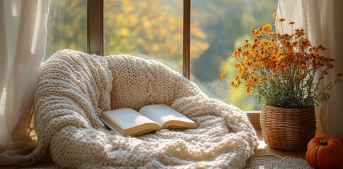 Cozy Reading Experience with Autumn Decor Home Interior Photography Warm Inside View Comfort and