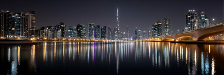 Obraz premium Dubai skyline at night reflected in water, urban landscape, modern architecture, travel destination, use for travel brochures