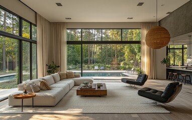 Modern living room, pool view, sunlight, interior design, home decor