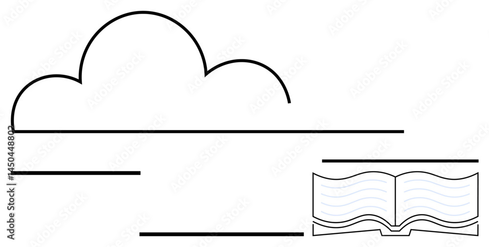 Poster minimal cloud shape above an open book with curved lines, symbolizing data storage, learning, and co