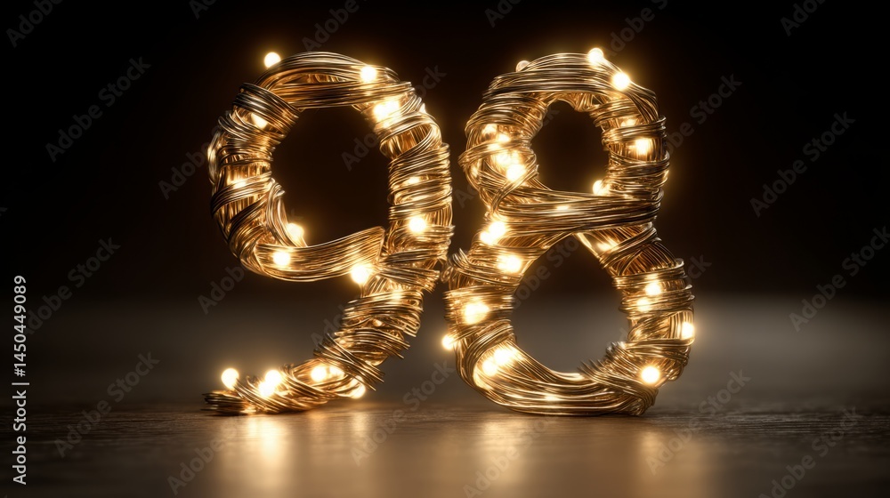 Poster illuminated number ninety eight glowing on a dark surface with bokeh effects