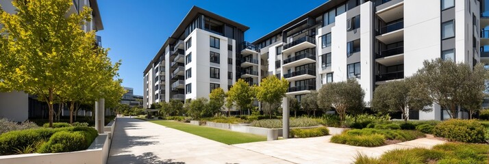 Modern apartment complex with landscaped courtyard; use for real estate, architecture, or urban design