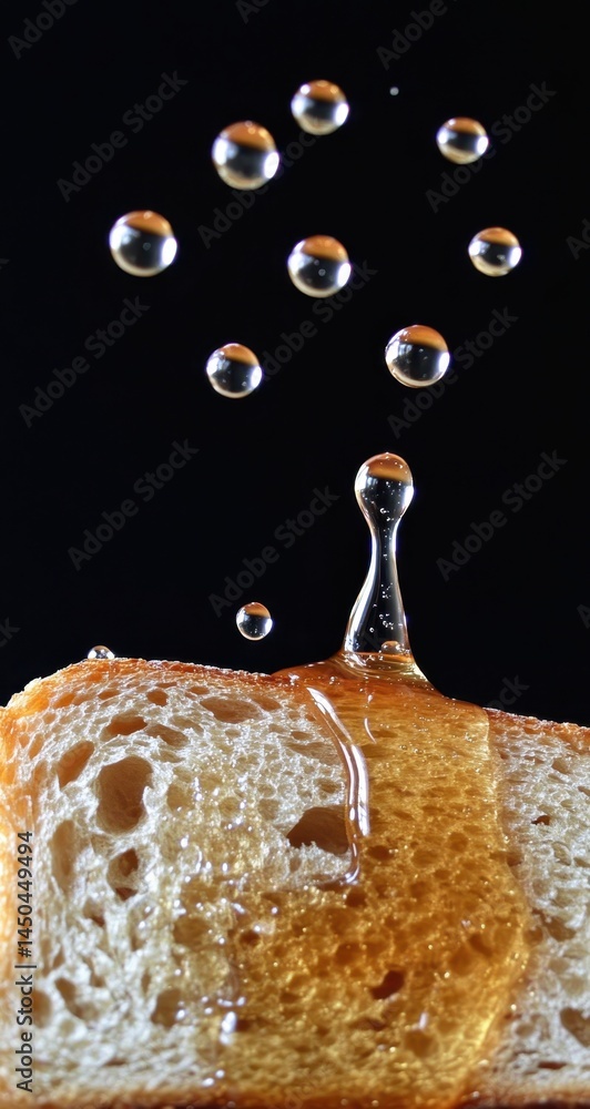 Poster a dynamic display of water droplets on bread.