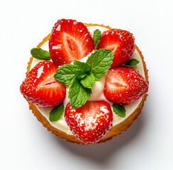 muffin, neatly decorated with strawberries and mint leaves, on a white background. 