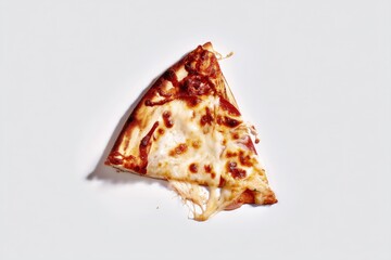 A mouthwatering slice of pizza with melted cheese and tomato sauce, isolated on white.