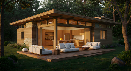 Fototapeta premium Modern Home Design Blending With Nature Featuring Outdoor Seating Area And Kitchen