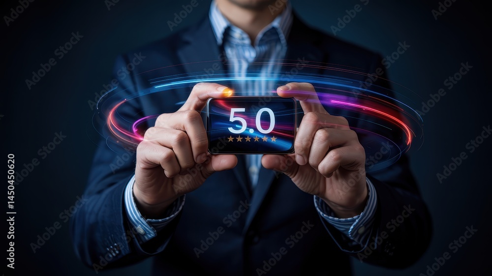Aufkleber close-up of hands holding a phone displaying the number five point zero.