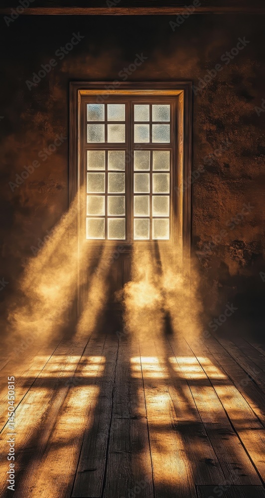 Poster warm sunlight streams through an aged window into a rustic room.