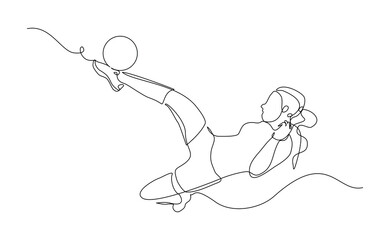Continuous line drawing of football player kicking ball. Single one line art of young woman soccer player dribbling and juggling ball. Editable stroke vector illustration