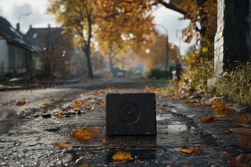 Gray concrete block on a wet autumn street.