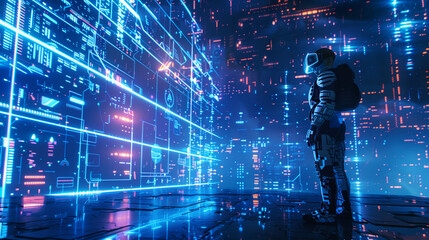 Virtual reality gamer wearing futuristic headset, neon holographic interface