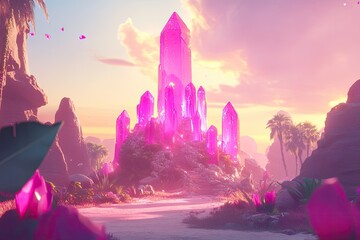 Pink crystal tower in a fantasy landscape at sunrise.