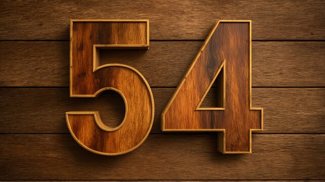 Wooden textured number fifty four lying on a wooden surface background