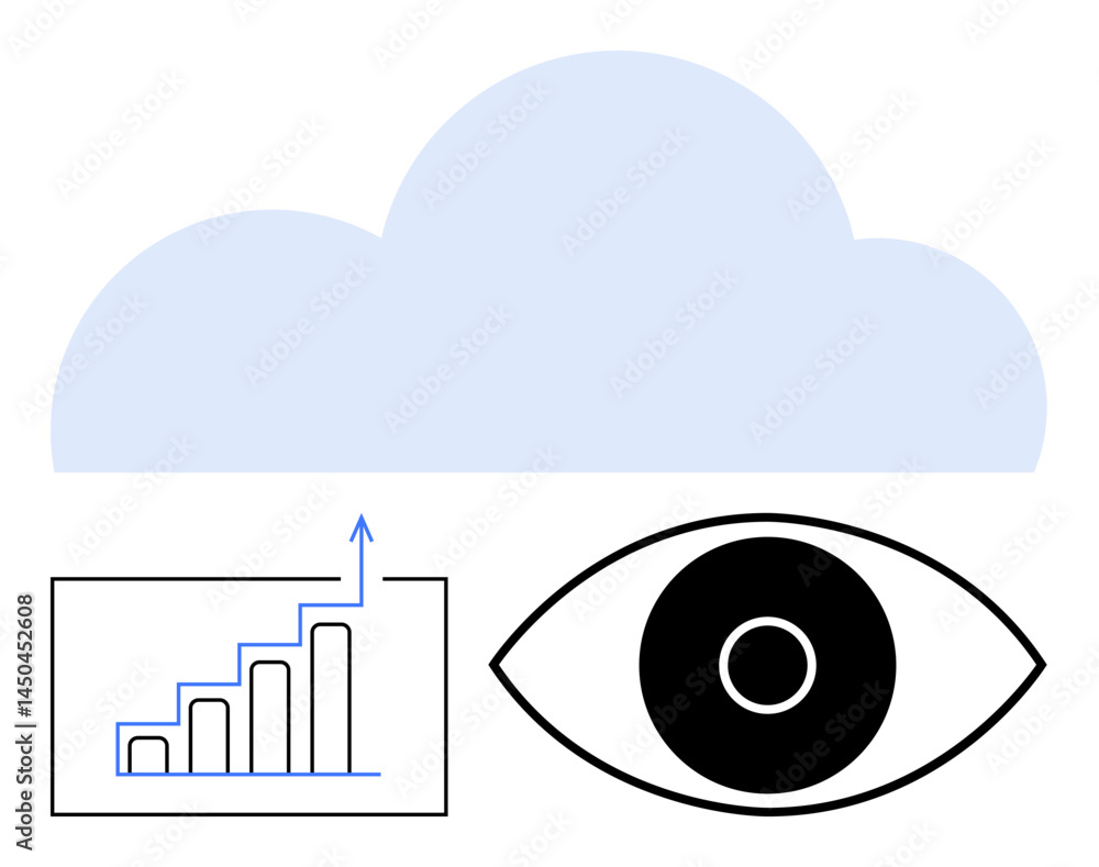 Poster cloud above a growth chart with an upward arrow and a watching eye. ideal for data security, analyti